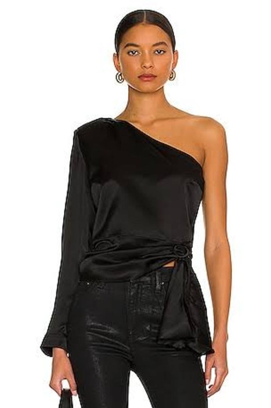 AMANDA UPRICHARD Aubrianna Satin Asymmetric One Shoulder Top Size Small S Black